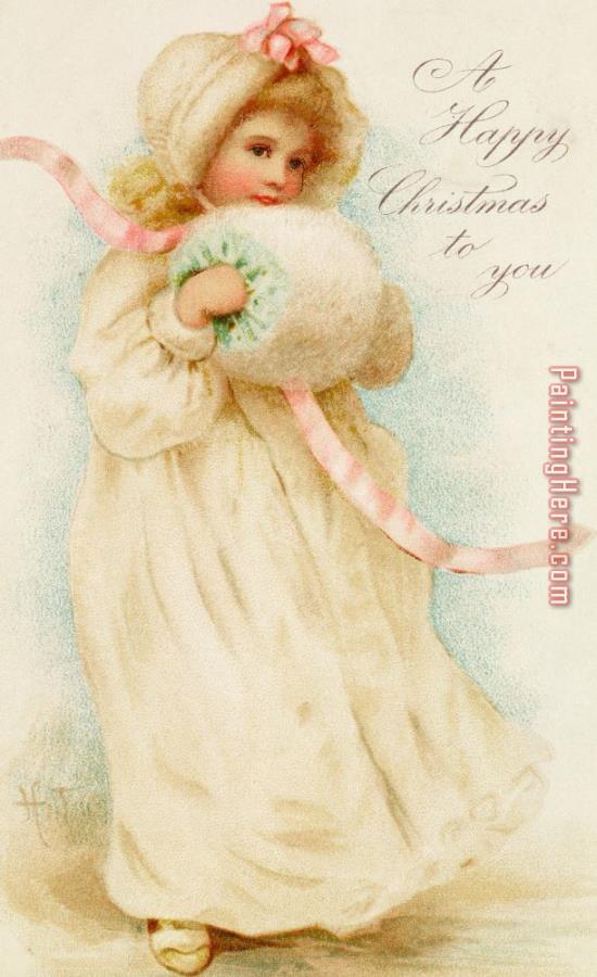 English School Christmas card depicting a girl with a muff